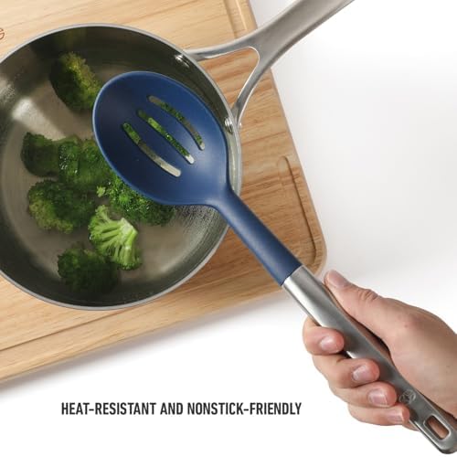 Calphalon Prime Stainless Steel Slotted Kitchen Spoon/Skimmer W/Navy Blue Silicone Head - Image 4